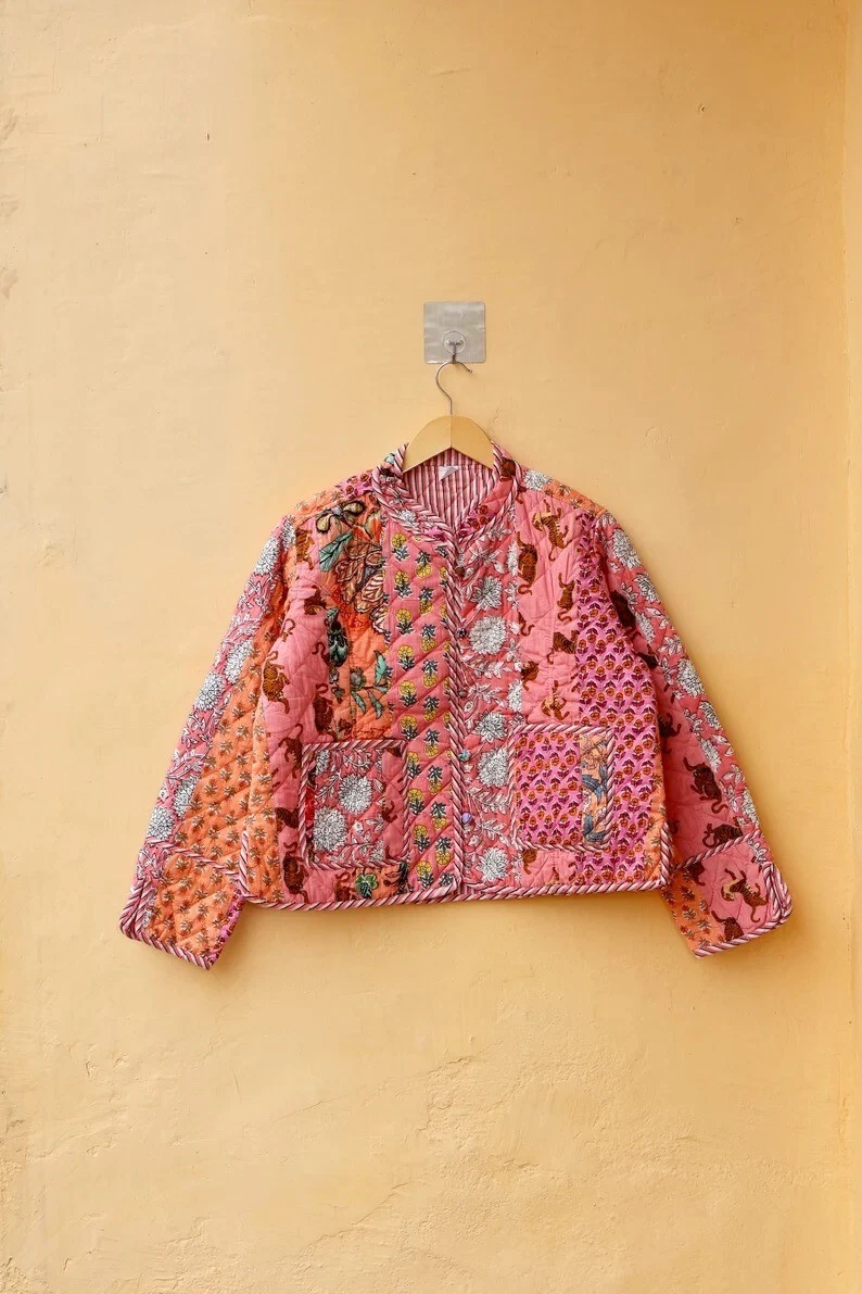 Peach Patchwork 100% Cotton Quilted Unisex Jacket Indian Women's Clothing Jacket