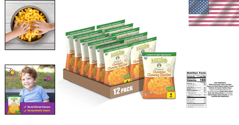 Crunchy and Gluten-Free Annie's Organic Cheddar Snack Puffs - 4 oz x 12 Boxes - Image 2 of 4
