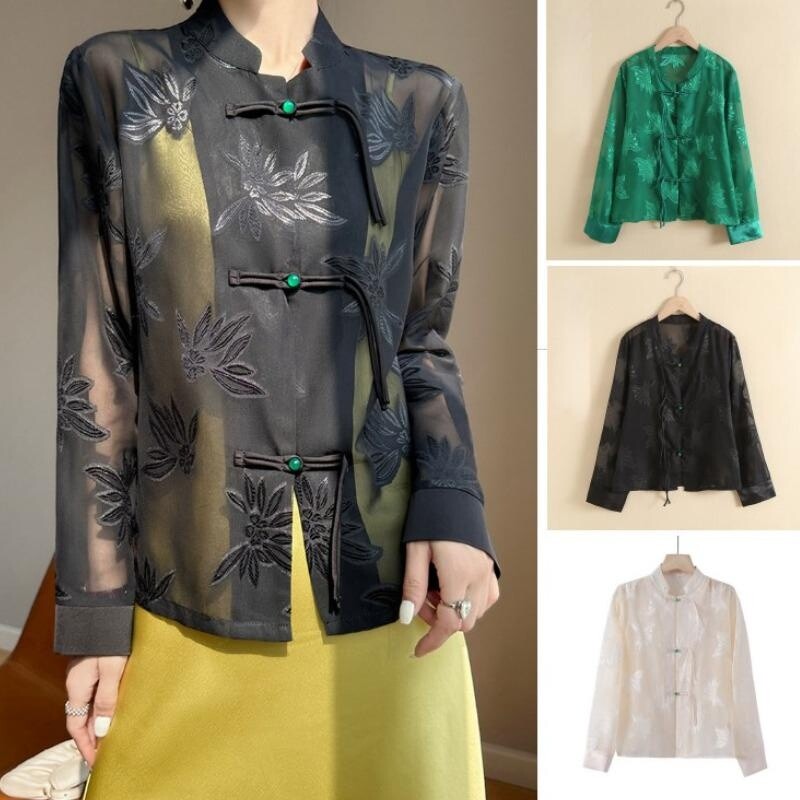 極美品】ショット　CHIFFON CHINESE JACKET　春夏　XLサイズ Chinese Lady Chiffon Jacket Jacquard Tang Suit Cheongsam Shirt