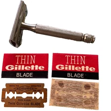 Vintage 1940's Gillette 3 Piece Safety Razor 4 Thin Blades Double Edge Metal