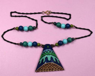RARE Eisenberg Art Series Signed Pendant Enamel Pendant Beaded Necklace 21''