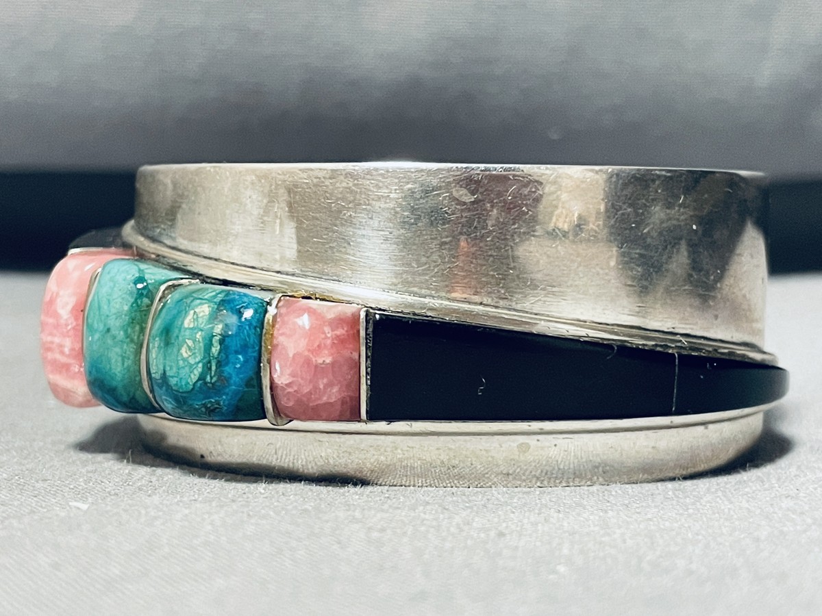 6 INCH WRIST VINTAGE NAVAJO SIGNED TURQUOISE STERLING SILVER INLAY