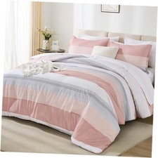 Size Comforter Set 7 Pieces - Pink Striped Lightweight Bed in Queen 05 - Pink