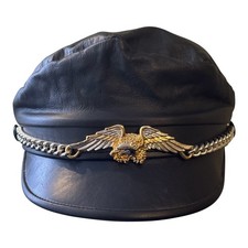 Black Leather Biker Cap Hat Made in USA Chain Spread Wing Eagle Vtg Adjustable