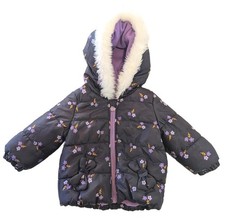 London Fog Toddler Girls 18 M Purple Floral Faux Fur Trim Hooded Winter Coat