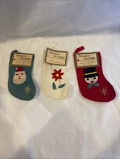 Mini Christmas Stockings Felt Ornaments Santa, Snowman, Poinsettia. Vintage