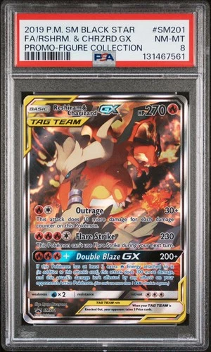 2019 POKEMON SM BLACK STAR PROMO #SM201 FULL ART/RESHIRAM & CHARIZARD GX PSA 8