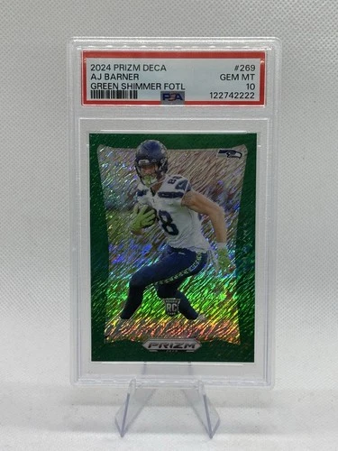 2024 Panini Prizm Deca Football Green Shimmer FOTL AJ Barner #269 PSA 10