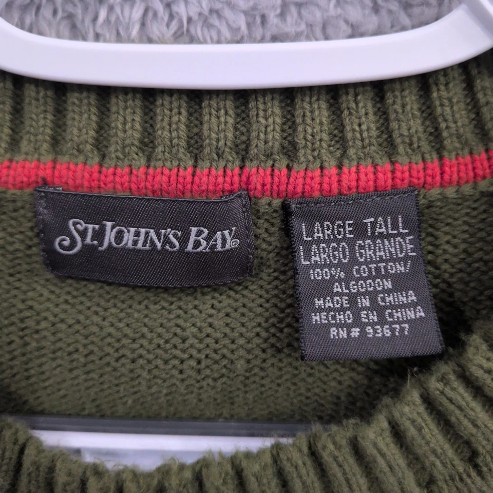 St Johns Bay Men's Knit Sweater Large Tall Olive Green Long Sleeve Crew Soft - Image 4 of 4