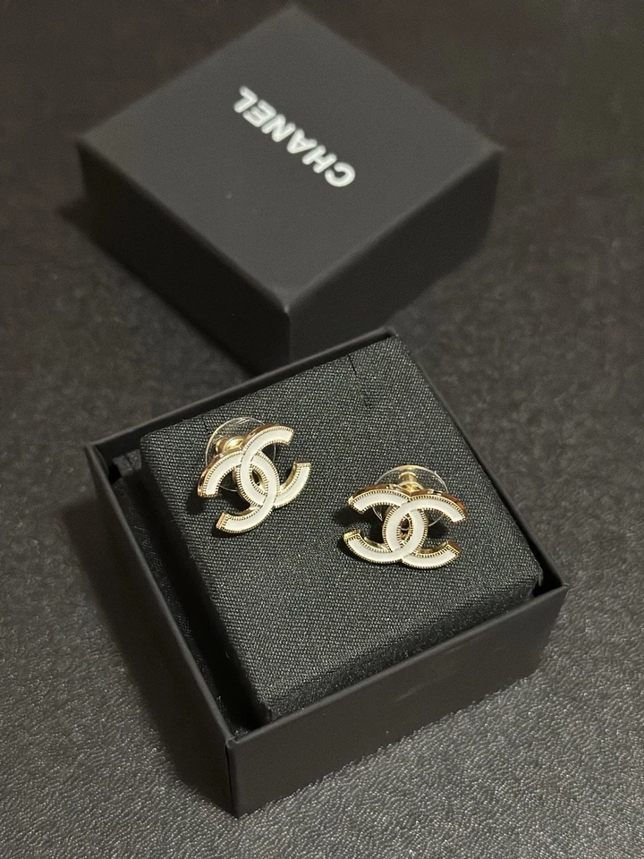 Chanel Classic White Enamel Gold CC Stud Earrings - Image 2 of 4