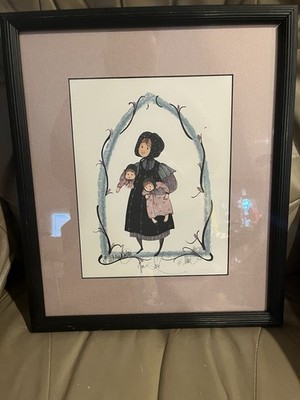 Hand Signed  P Buckley Moss. Framed Matted Print  Molly s Babes  769-1000 17x15