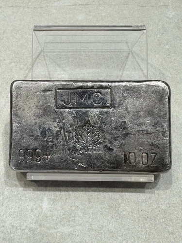 10 oz JMC Maple Leaf Johnson Matthey Canada Poured Vintage Silver Bar