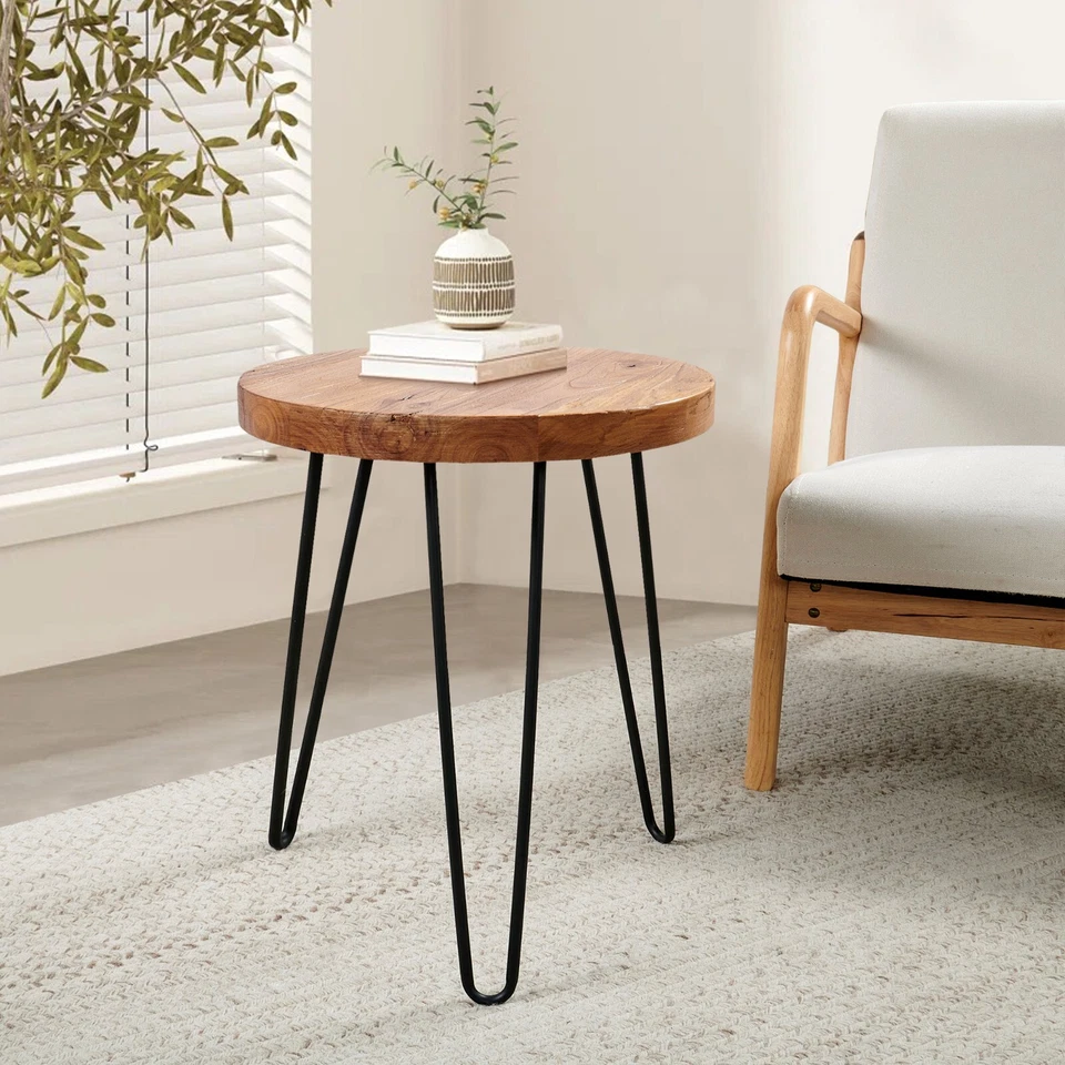 GREENAGE Rustic Old Elm Wood Round End Table Nightstand Sofa Side Table 20.5" H - Image 2 of 4