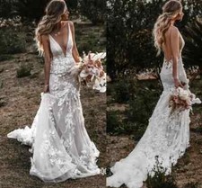 Mermaid Sexy Backless Wedding Dresses V Neck 3D Floral Applique Lace Boho Beach