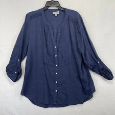 JM Collection XL Blue 3/4 Sleeve Button Down Top Blouse