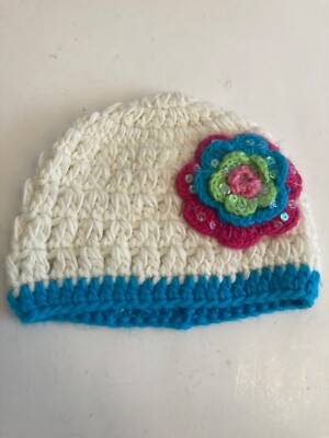 Crochet Hand Made White Blue Flower Hat Beanie