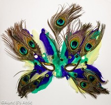 Mardi Gras Mask Purp/Gold/Green Butterfly Shape Feathered Eye Mask W/ Peacock