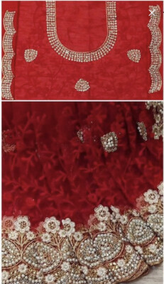 Neu Red Net Saree Designer Perlennetz Saree für Hochzeitsveranstaltungen Fertig