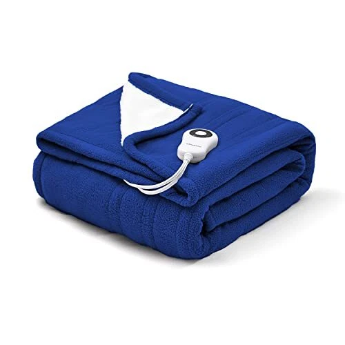 HEATED BLANKET Electric Throw Polar Fleece Sherpa Navy Blue  50u0026#034;x60u0026#034; WARM STORM | eBay