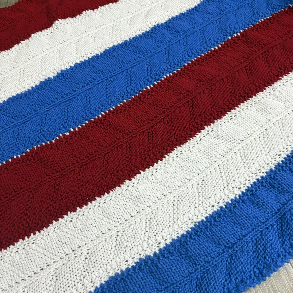 Handmade Crochet Afghan Throw Blanket Red White Blue Striped Scalloped USA 54x33 - Image 3 of 4