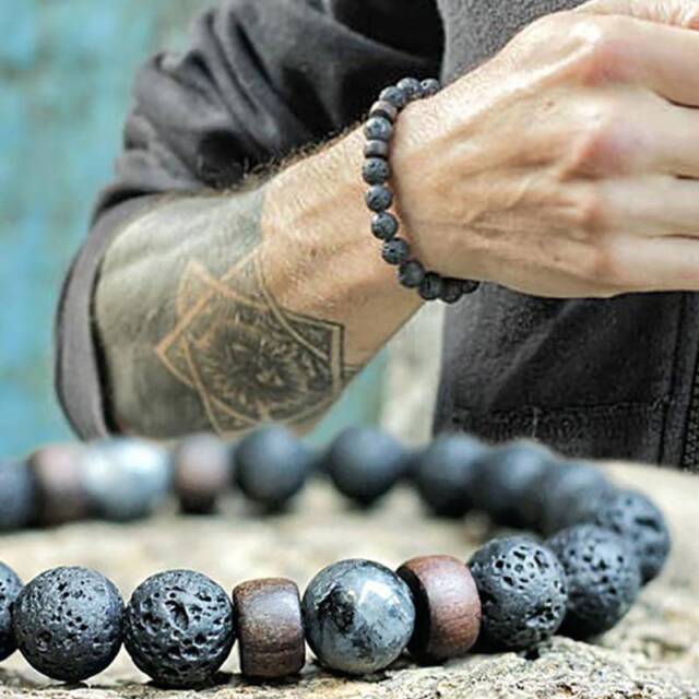 Mens Prayer Mala Beads Lava Rock Stone Chrysocolla Beaded Yoga Diffuser Bracelet