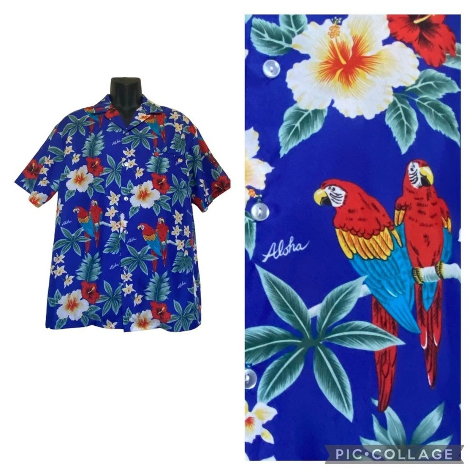 Vintage Kalena Fashions of Hawaii Tropical Parrot Print Hawaiian Shirt Blue Sz L