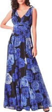 eShakti Blue Rose Print V-Neck Chiffon Long Gown Maxi Dress w/Pockets Size 1X