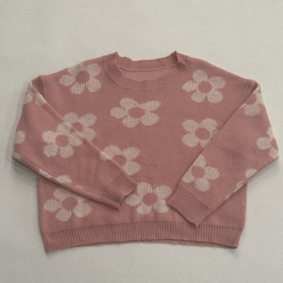 Pink Cropped Sweater with White Flowers   Size S