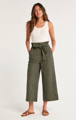 Massimo Dutti Capri Paperbag Pants Womens 8 Olive Green Cotton Bellt Wide Leg