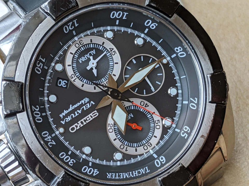 Seiko Velatura 100 M All SS 2007 cronógrafo de buceo con estuche masivo pulsera original Foto 3 de 4