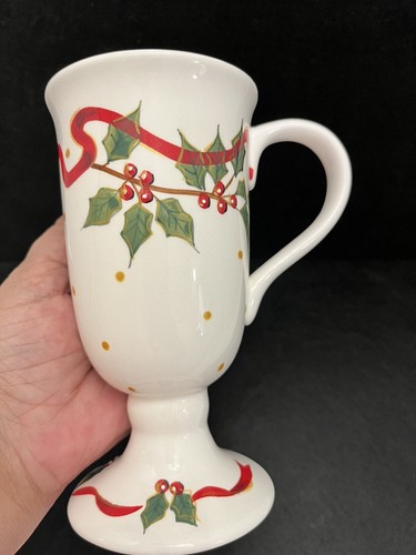 Sonoma Christmas Coffee Tea Latte Mug Holly Berries Red Ribbon Footed Pedestal - Picture 12 of 19