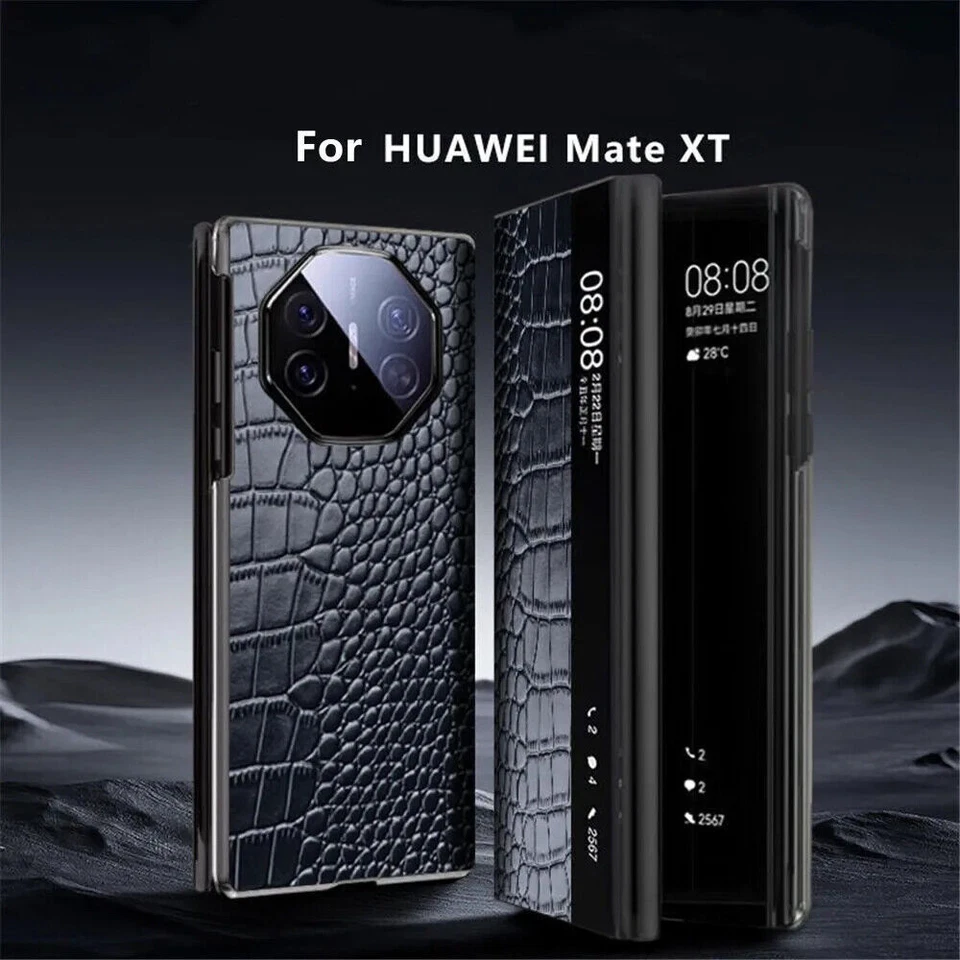 Genuine Leather Flip Case For Huawei Mate XT Crocodile Window View Smart Cover - Image 2 of 4