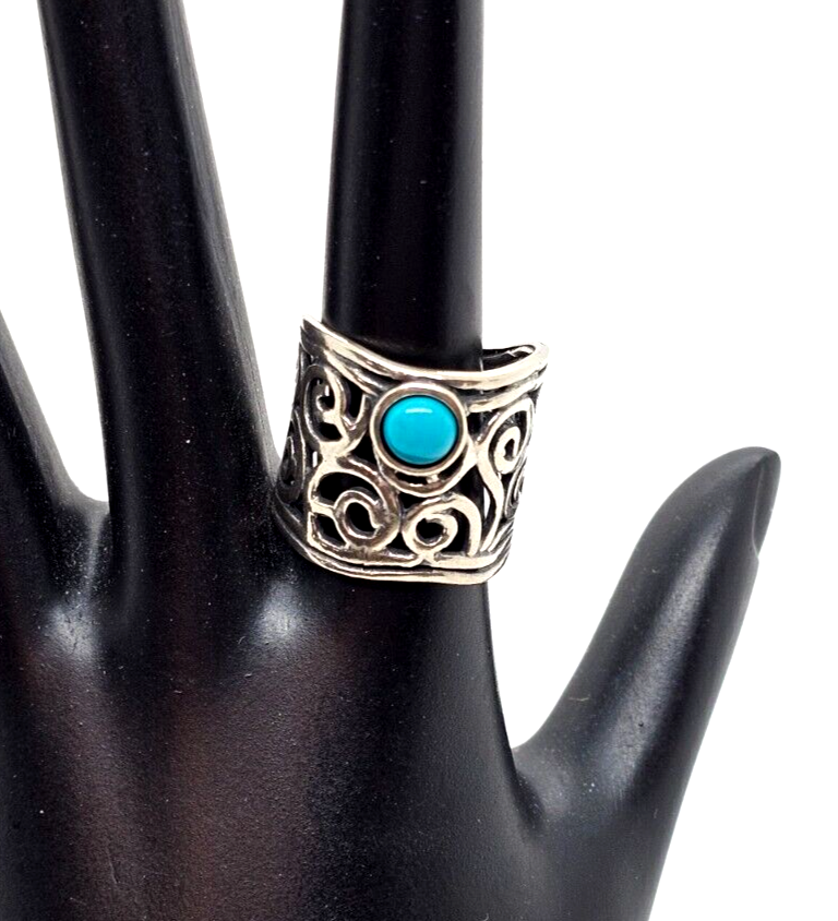 Didae Sterling Silver Scroll Work Cigar Band Turquoise Ring Size 8  display picture 1