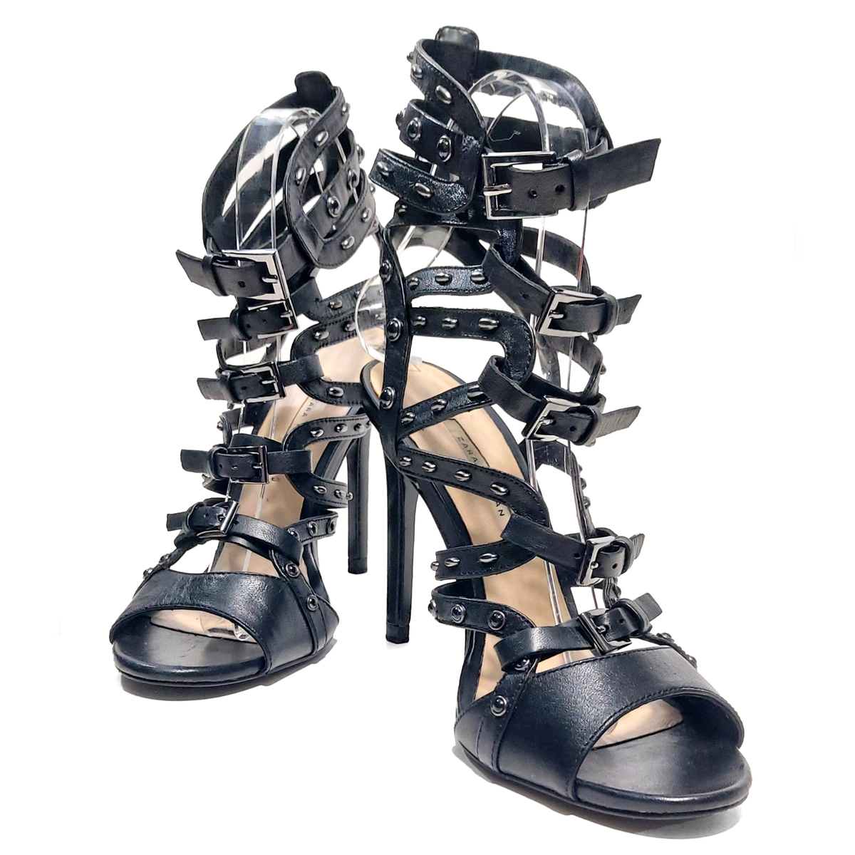 Zara Black Leather Strappy Buckle Gladiator Sandals High Heels