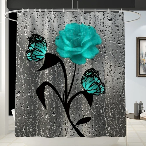 4Pcs/Set Butterfly Rose Waterproof Shower Curtain Toilet Lid Cover Bathroom Mat - Bild 20 von 36