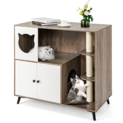Wooden Cat Litter Box Enclosure Hidden Cat Bathroom House With Scratching Posts
