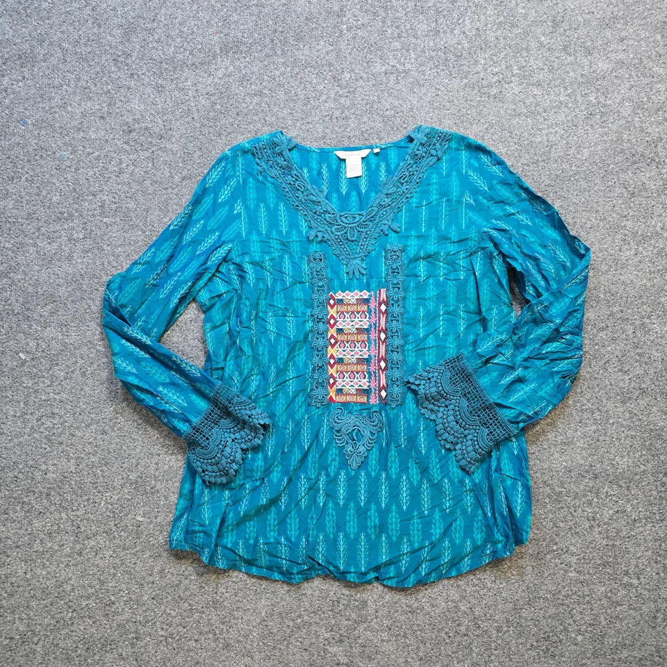 Sundance Top Womens Size Large Green Embroidered Aztec Western Crochet Lace Silk