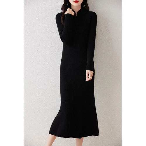 Pullover Half-turtleneck Wool Knitted Dress Women's Mid Length Cashmere Sweater - Bild 5 von 20