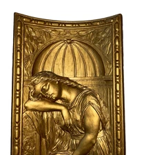 Antique woman portrait original hand carved wood corner wall plaque 1900s