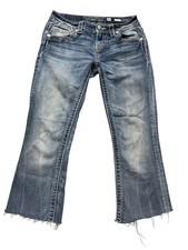 Miss Me Jeans Womens 26 Bootcut Embellished Flap Pocket Medium Wash Raw Hem Deni