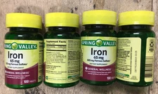 4 X Spring Valley Iron General Wellness Tablets, 65 mg, 100 Count Exp 03/26