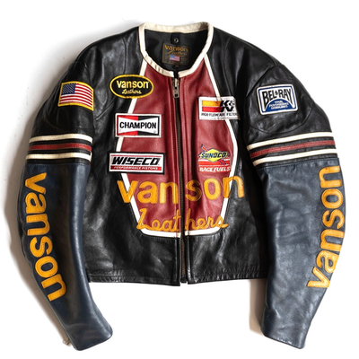セール！80’s Vanson One Star Leather Jacket VANSON Black Red Leather Riders Jacket Racing One Star Made In USA