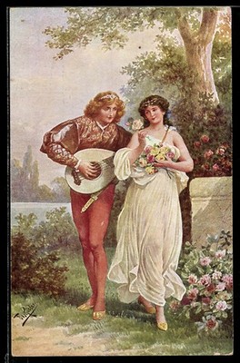 Artist postcard Fr. Rösler: lute sounds, woman playing on a lute 