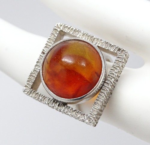 Big Bold Vtg Danish Modernist Sterling & Amber Ring Einer Fehrn Denmark Size 6 - Picture 5 of 9