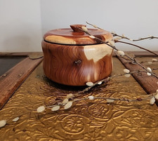 Hand Turned Wooden Trinket Bowl w Lid MCM Style Natural Jewelry Organic Decor