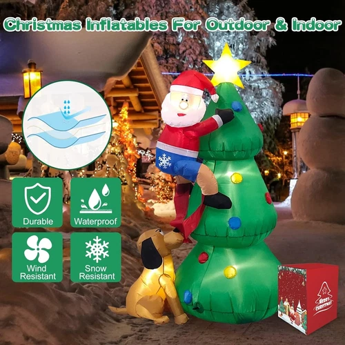 6 Fuß aufblasbarer beleuchteter Weihnachtsbaum mit niedlichem Weihnachtsmann und Hund Außendekoration - Bild 4 von 20