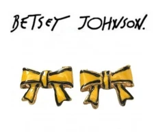 Betsey Johnson Yellow Silver Gold Bow Pearl Crystal Stud Earrings