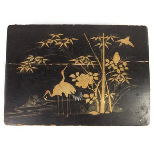 Vintage Black Japanese Hand Painted Crane Bird Design Jewelry Organizer Box 10.7