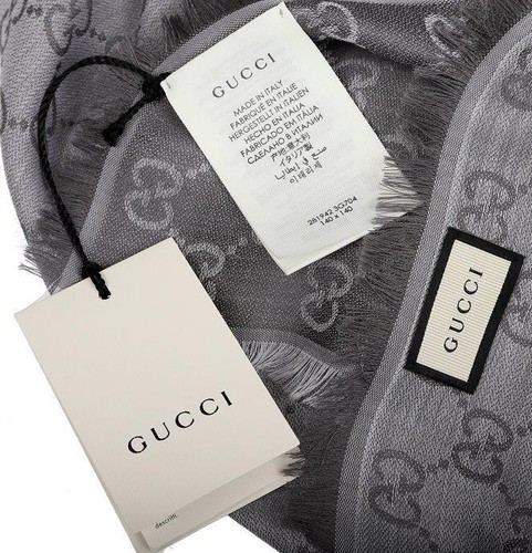 NEW GUCCI SILVER GRAY GG PRINT GIANT WOOL SILK SHAWL WRAP SCARF 55" X 55" - Picture 5 of 6