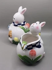Easter Bunny Sugar Bowl & Creamer Figural Rabbit Spring Bowl Lid Spoon Mercuries